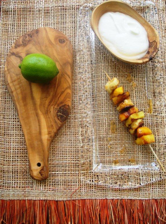 fruit brochette, lime and rosewater cream