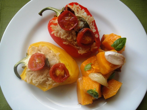 Spiced pumpkin, stuffed peppers and garlic rice