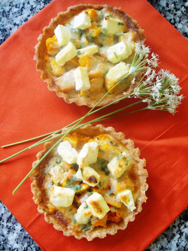 Butternut and feta tartlets with garlic chives