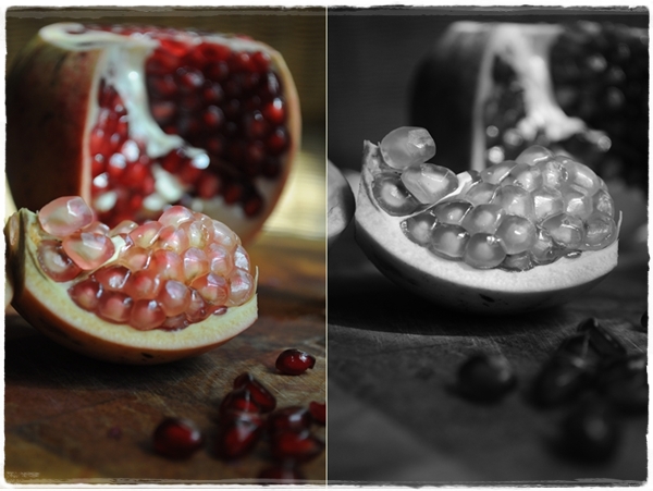 Pomegranates in colour and monochrome