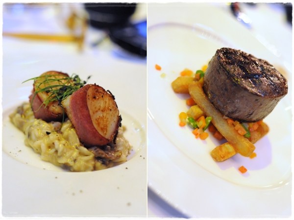 Scallops on risotto and Aberdeen Angus