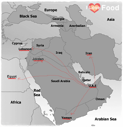 Food tour map of the Middle East