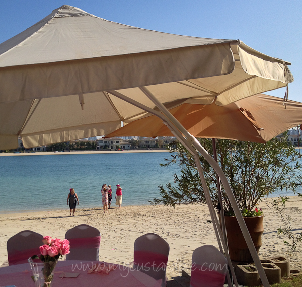 pink table and beach
