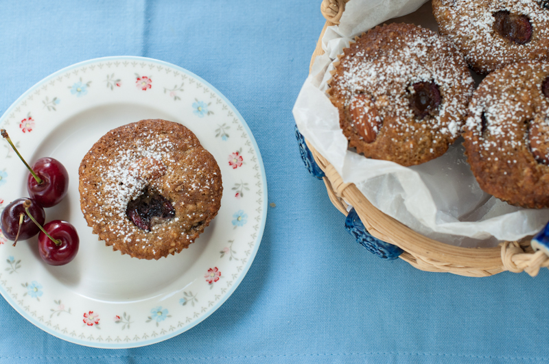 Cherry, almond, spelt muffin on mycustardpie.com