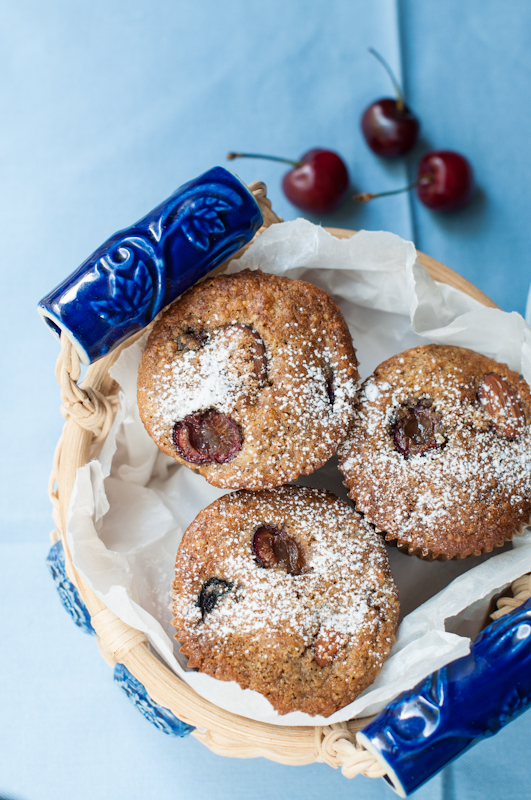 Cherry, almond, spelt muffin on mycustardpie.com