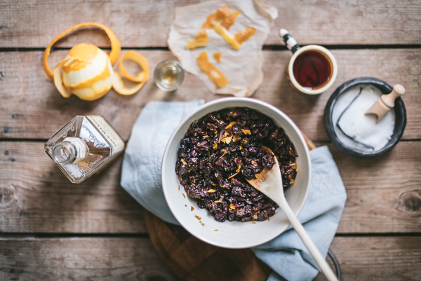 bowl with dried fruit and candied fruit being soaked in jack daniels