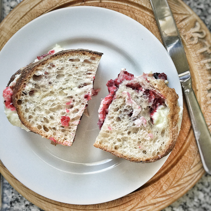 Turkey, ham, cranberry and bread sauce sandwich on sour dough. Delish