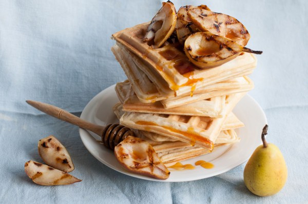 Waffles with pear and raw honey on mycustardpie.com