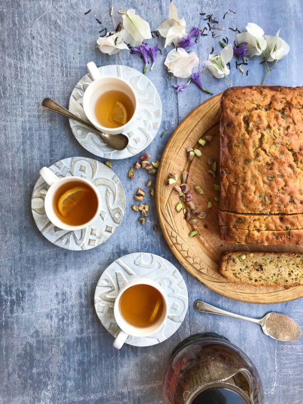 Courgette pistachio and yoghurt loaf with lemon and honey glaze