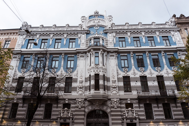 blue and white art nouveau building in riga