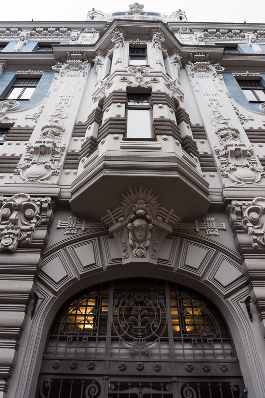 art nouveau decoration on blue and white house in riga