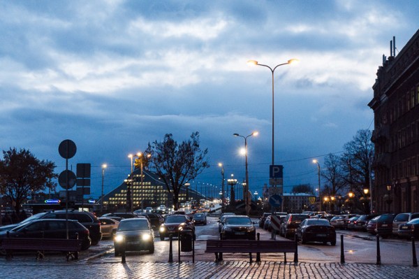 Street scene at night looking tow