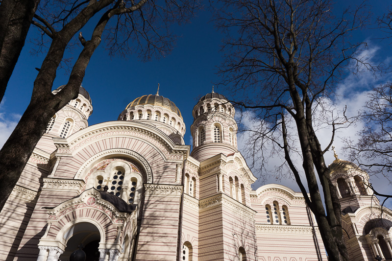 Nativity of Christ Cathedral against a deep blue sky