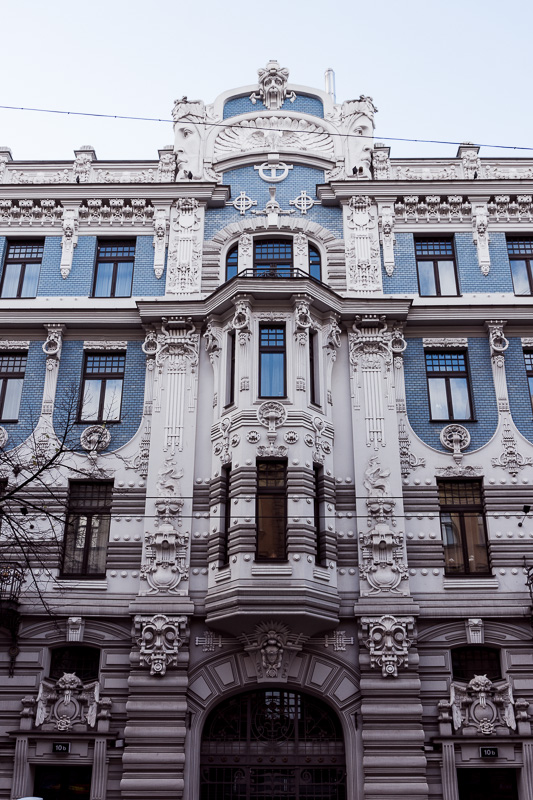 A blue and white art nouveau building in Riga