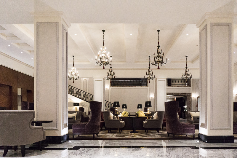 Hotel lobby with chandeliers