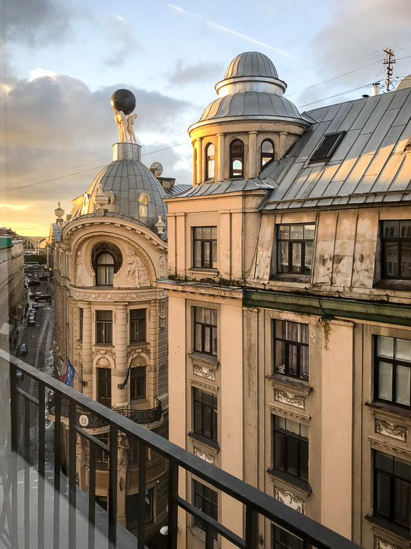 View of upper stories of building at sunrise in Riga