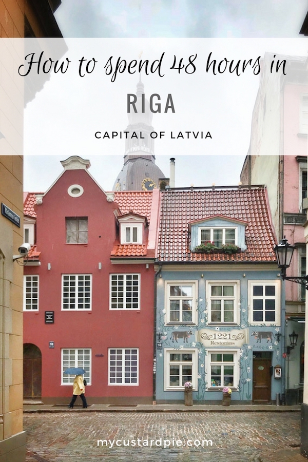 Blue and red houses in Riga, Latvia
