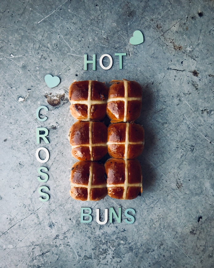 hot cross buns with letters spelling out hot cross buns