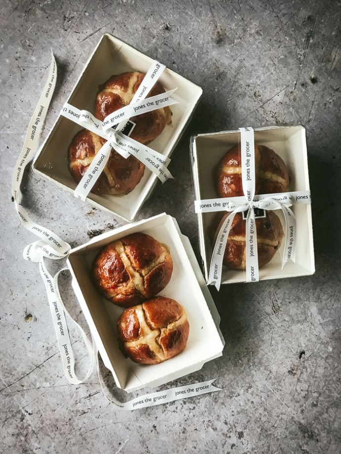 hot cross buns in boxes ties with ribbon