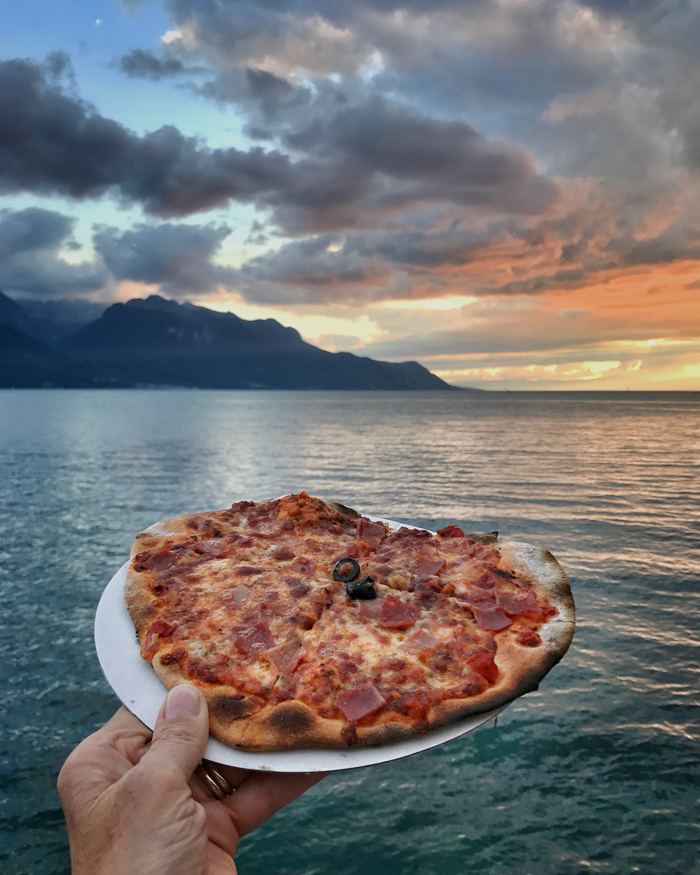 pizza with lac leman in the background