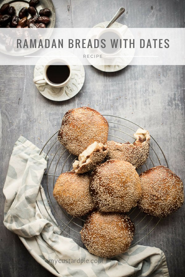 A variety of date breads, 2 cups of coffee and a plate of dates