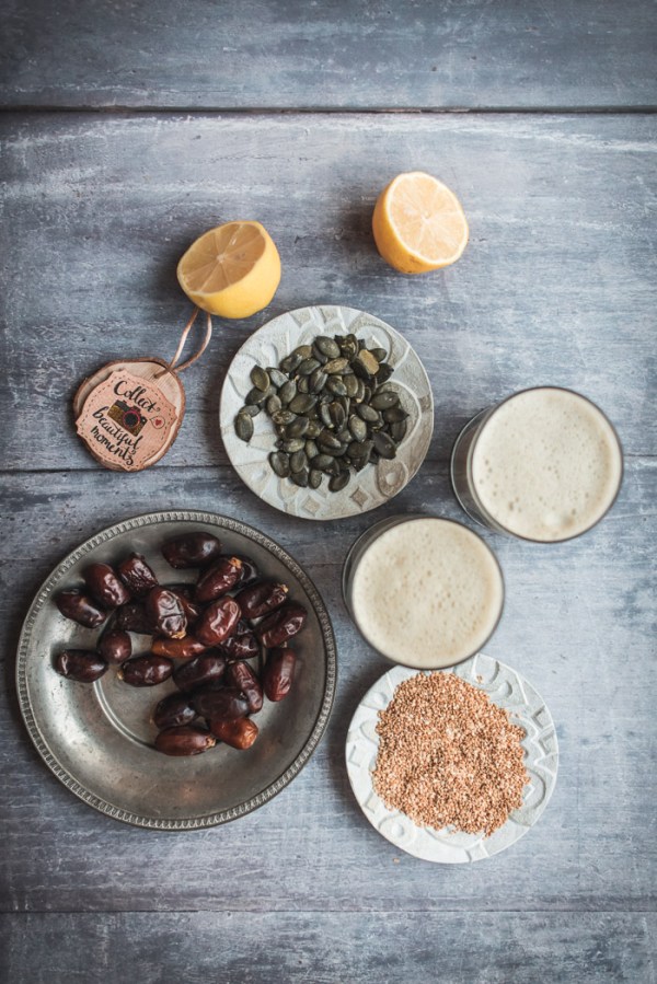 Plate of dates, seeds and seed milk
