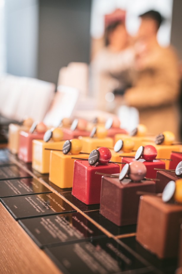 Chocolate covered squares of patisserie