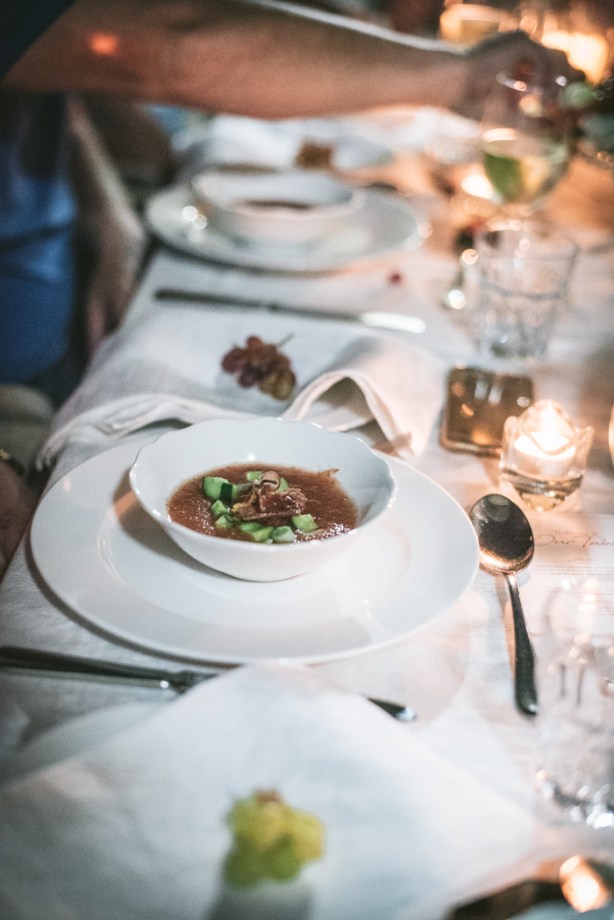 Melon and tomato gazpacho in bowls