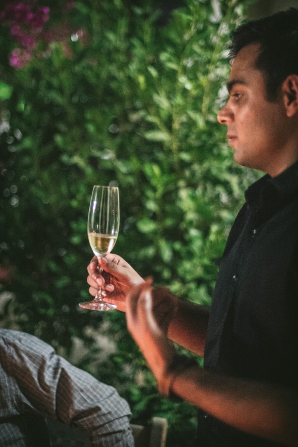sommelier holds glass of wine