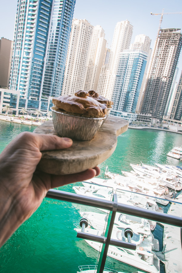 Pies and the view over the Marina