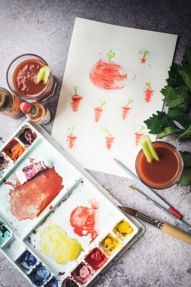 paintings of Bloody Marys plus some glasses of it