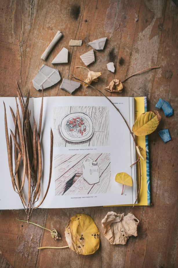 a book of David Hockney art surrounded by leaves and other bits and pieces