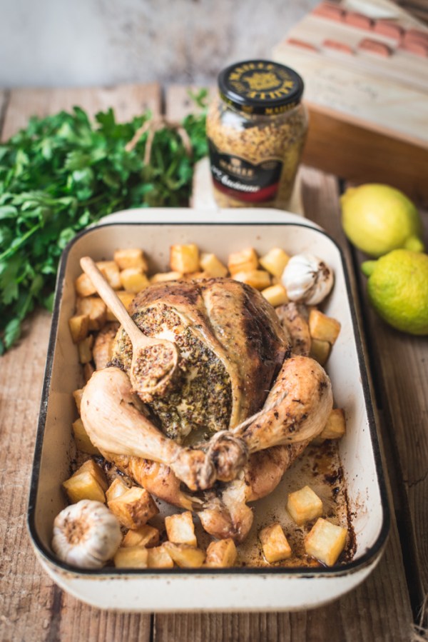 roast chicken with jar of Maille mustard 