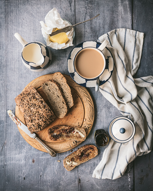 marmite toast and tea ready for breakfast