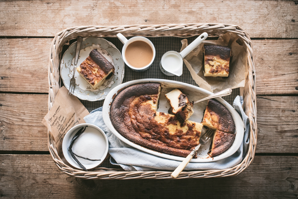 tray with tea, sugar and far breton