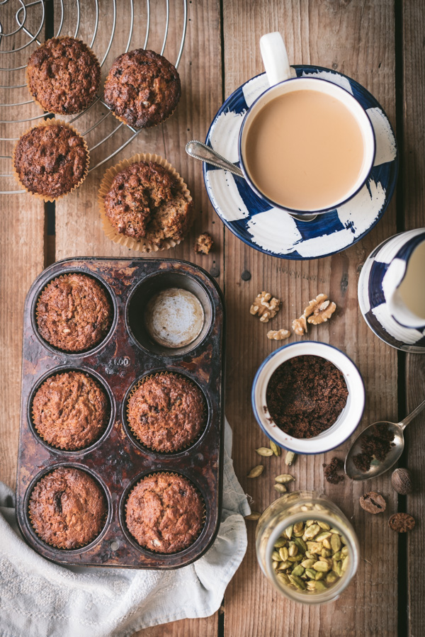 banana date muffins and a cup of tea