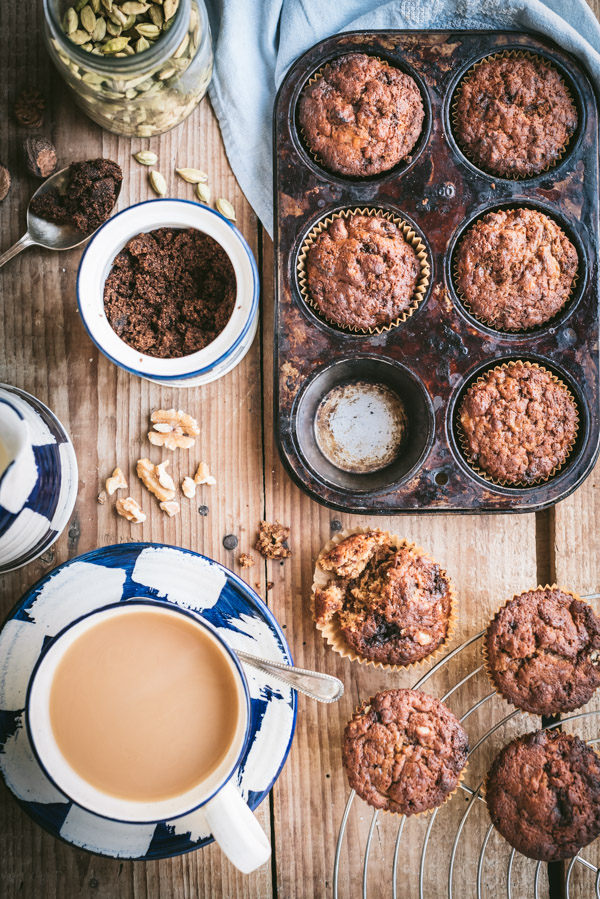 banana date muffins and a cup of tea