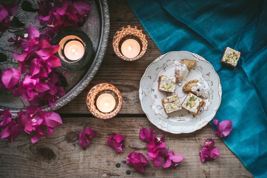 Diwali table with candles and sweets