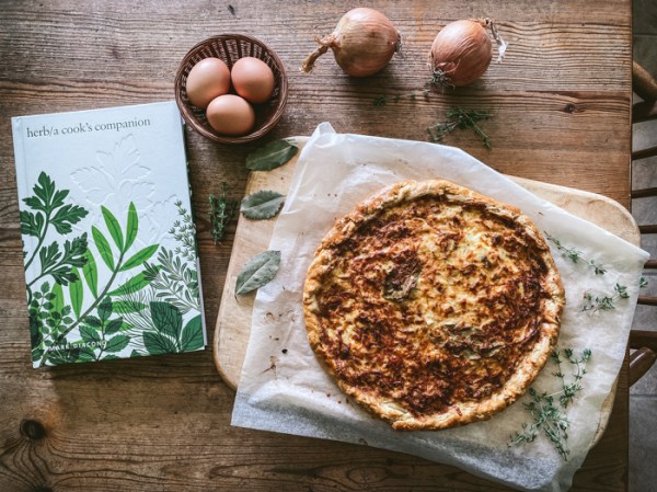 cookbook and onion tart